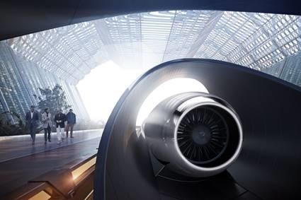 A rendering of a what a Hyperloop passenger vehicle might look like at a station. A rendering of a what a Hyperloop passenger vehicle might look like at a station.