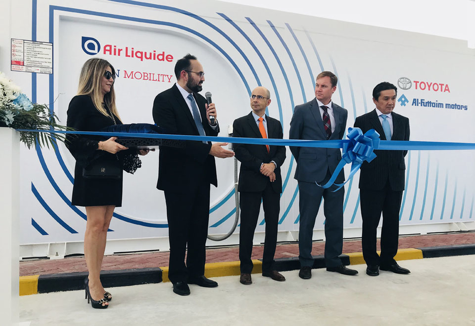 Representatives from France's Air Liquide and the UAE's Al-Futtaim Motors at the launch of the hydrogen re-fuelling station. Representatives from France's Air Liquide and the UAE's Al-Futtaim Motors at the launch of the hydrogen re-fuelling station.
