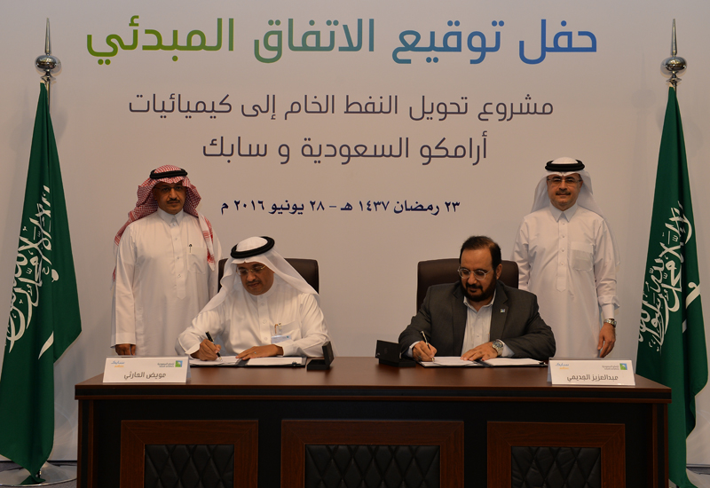 Saudi Aramco and SABIC have signed a heads of agreement to conduct a feasibility study on the development of a crude oil-to-chemicals plant in the kingdom. Saudi Aramco and SABIC have signed a heads of agreement to conduct a feasibility study on the development of a crude oil-to-chemicals plant in the kingdom.