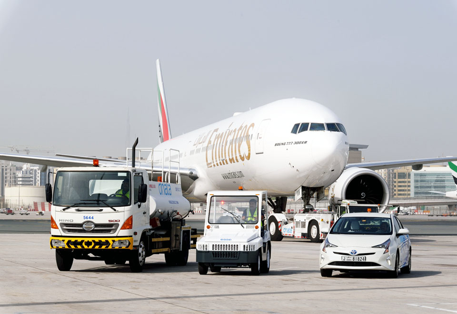 A Hino 300 Series hybrid truck, electric towing truck from Toyota Material Handling and Toyota Prius acquired by Dnata. A Hino 300 Series hybrid truck, electric towing truck from Toyota Material Handling and Toyota Prius acquired by Dnata.