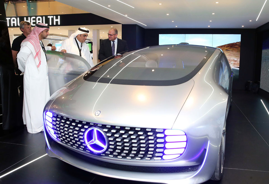 Daimlers autonomous driving research vehicle, the Mercedes-Benz F 015, at the Etisalat stand. Daimlers autonomous driving research vehicle, the Mercedes-Benz F 015, at the Etisalat stand.