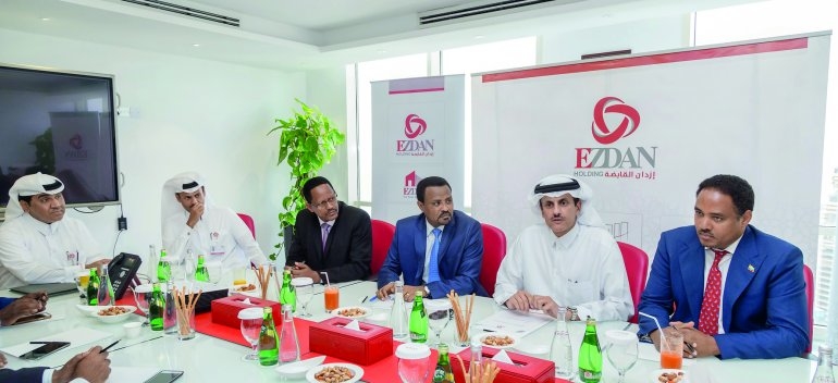 Sheikh Dr Khalid bin Thani bin Abdullah Al Thani (second right), chairman of Ezdan Holding Group and dignitaries from Ethiopia at the recent meeting in Doha. Sheikh Dr Khalid bin Thani bin Abdullah Al Thani (second right), chairman of Ezdan Holding Group and dignitaries from Ethiopia at the recent meeting in Doha.