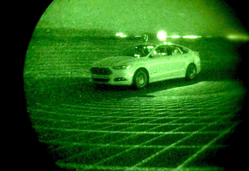 Night vision reveals the LiDAR ladar pulses to the human eye in the form of a grid of infrared beams projected around the vehicle. Night vision reveals the LiDAR ladar pulses to the human eye in the form of a grid of infrared beams projected around the vehicle.