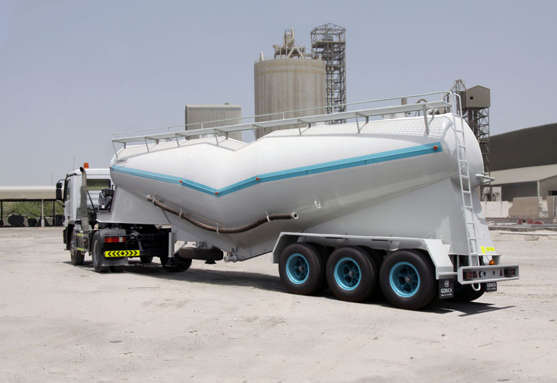 A brand-new Gorica dry bulk semi-trailer arriving at the cement plant for a construction consignment. A brand-new Gorica dry bulk semi-trailer arriving at the cement plant for a construction consignment.