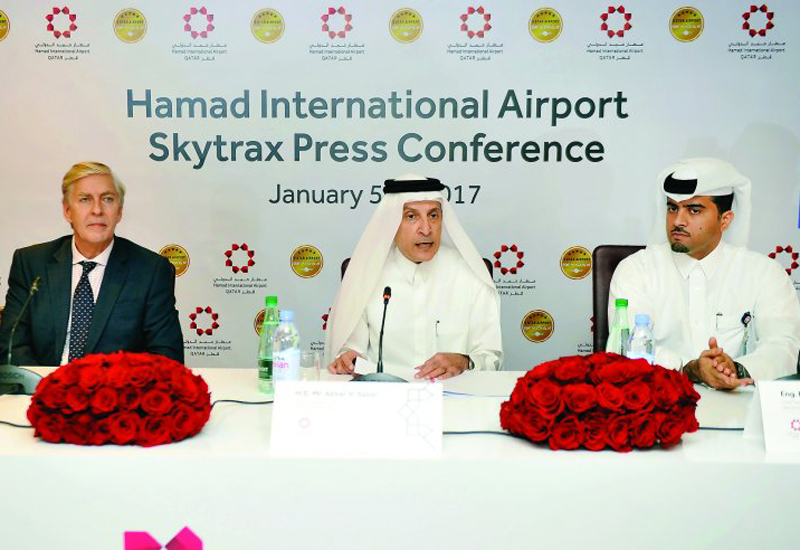 Akbar Al Baker, Group Chief Executive of Qatar Airways (centre) Edward Plaisted, CEO Skytrax (left) and Badr Mohammed Al Meer COO of Hamad International Airport (HIA), during the press conference at HIA. (image: The Peninsula) Akbar Al Baker, Group Chief Executive of Qatar Airways (centre) Edward Plaisted, CEO Skytrax (left) and Badr Mohammed Al Meer COO of Hamad International Airport (HIA), during the press conference at HIA. (image: The Peninsula)