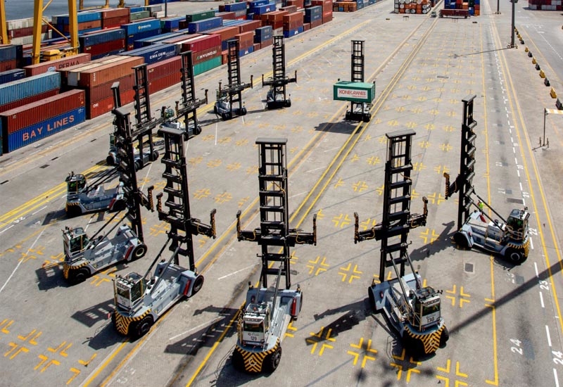 The 13 Konecranes SMV 7/8 ECC 90 units arranged upon deliver at DP World's Jebel Ali Port in Dubai, UAE. The 13 Konecranes SMV 7/8 ECC 90 units arranged upon deliver at DP World's Jebel Ali Port in Dubai, UAE.