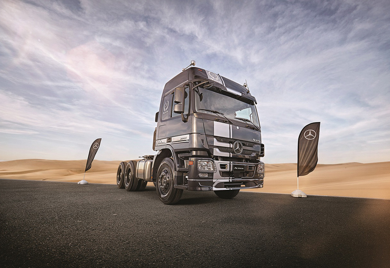 Mercedes-Benz’s special edition Actros features active brake assist, Telligent Proximity Control, Telligent Lane Assist, and acceleration skid control. Mercedes-Benz’s special edition Actros features active brake assist, Telligent Proximity Control, Telligent Lane Assist, and acceleration skid control.