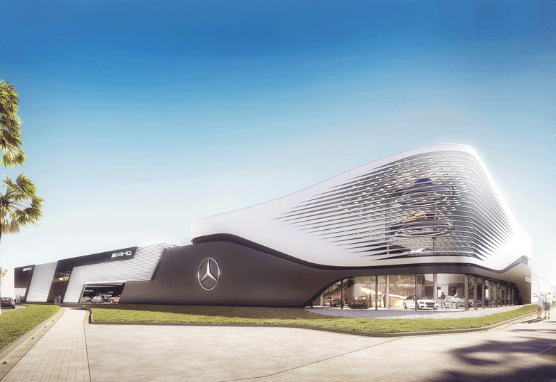 The complex will have elements of future showroom concepts for Mercedes-Benz and AMG. The complex will have elements of future showroom concepts for Mercedes-Benz and AMG.