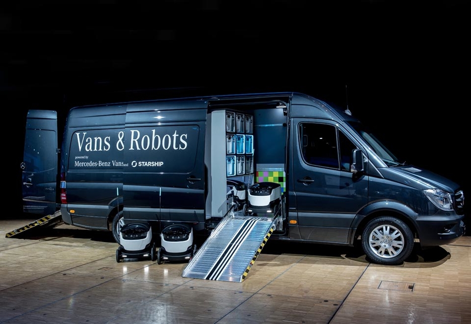 The first prototype, as Sprinter van equipped with eight robots, emerged from a collaboration between Mercedes-Benz Vans and Starship Technologies in September 2016. The first prototype, as Sprinter van equipped with eight robots, emerged from a collaboration between Mercedes-Benz Vans and Starship Technologies in September 2016.