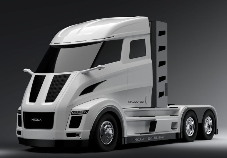 The design for the Nikola One and Two, which uses a hydrogen-electric powertrain being developed through a partnership between Nikola Motor Company and Bosch. The design for the Nikola One and Two, which uses a hydrogen-electric powertrain being developed through a partnership between Nikola Motor Company and Bosch.