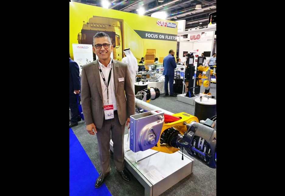 Jean Khoury, MD of SAF Holland Middle East, alongside a disc brake display at the brand's stand. Jean Khoury, MD of SAF Holland Middle East, alongside a disc brake display at the brand's stand.