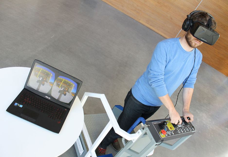 A developer at Serious tests an aerial work platform VR training simulation. A developer at Serious tests an aerial work platform VR training simulation.