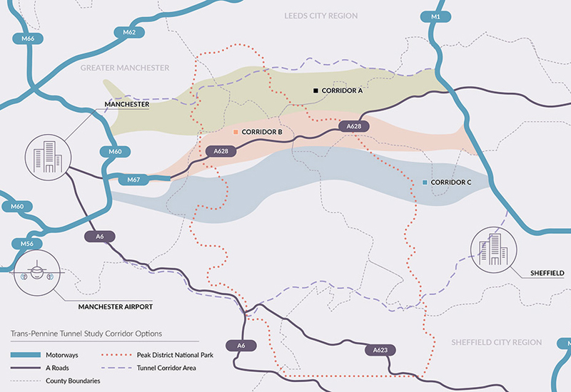 All five routes join the M60 east of Manchester to the M1 north of Sheffield, with four options starting at the M67. All five routes join the M60 east of Manchester to the M1 north of Sheffield, with four options starting at the M67.