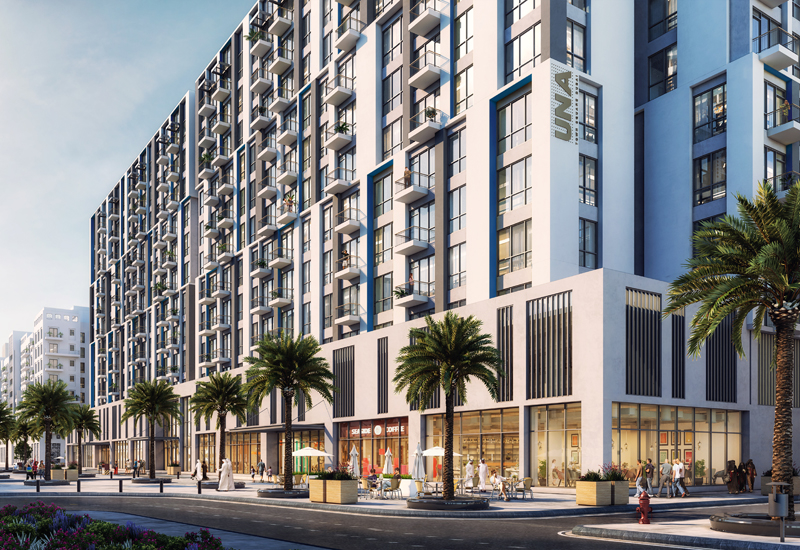 UNA mixed-use development in Dubai's Town Square community. UNA mixed-use development in Dubai's Town Square community.