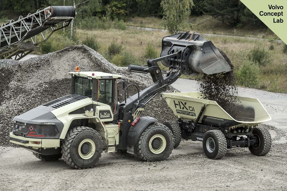 The LX1 prototype hybrid wheel loader fills the prototype HX1 autonomous, battery-electric, driverless hauler. The LX1 prototype hybrid wheel loader fills the prototype HX1 autonomous, battery-electric, driverless hauler.