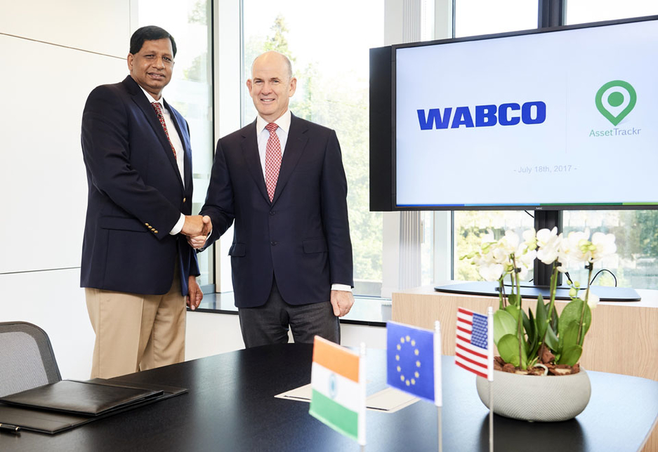 L-R: Jacques Esculier, chairman and CEO of WABCO, and Ashok Yerneni, founder and CEO of AssetTrackr, following the signing ceremony in Brussels, Belgium. L-R: Jacques Esculier, chairman and CEO of WABCO, and Ashok Yerneni, founder and CEO of AssetTrackr, following the signing ceremony in Brussels, Belgium.