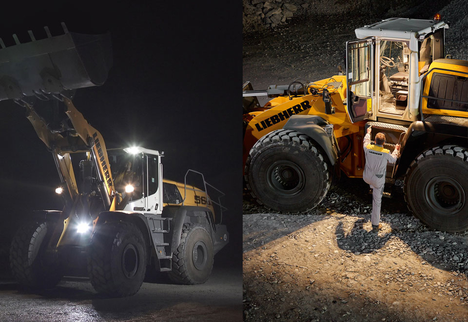 Left: the additional front LED headlight lights the ground when the bucket is raised; right: a remote control key automatically lights the cabin interior and entry area. Left: the additional front LED headlight lights the ground when the bucket is raised; right: a remote control key automatically lights the cabin interior and entry area.