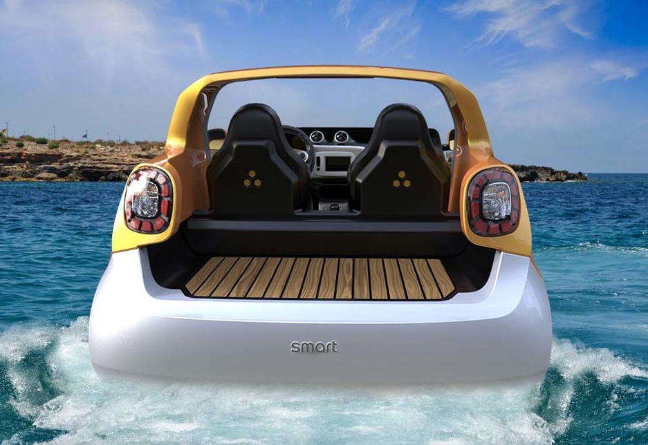 The Smart forsea concept car is an open boat at the back, and was inspired by the classic lobster boat. The Smart forsea concept car is an open boat at the back, and was inspired by the classic lobster boat.