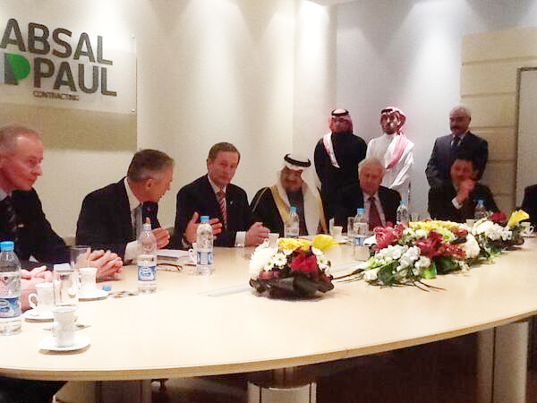 Richard Burton, Minister for Jobs, Enterprise and Innovation speaking at announcement of over $135.8m of contracts in Saudi by Absal Paul, alongside A Richard Burton, Minister for Jobs, Enterprise and Innovation speaking at announcement of over $135.8m of contracts in Saudi by Absal Paul, alongside A