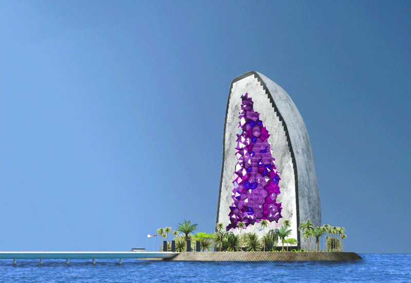 The proposed Amethyst Hotel is shaped like a rock and has a facade that has the appearance of violet-coloured crystals. The proposed Amethyst Hotel is shaped like a rock and has a facade that has the appearance of violet-coloured crystals.