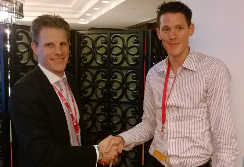 Elliot Lewis (left), GE and co-chair, CoreNet Global Middle East, congratulates Heriot-Watt University postgraduate student, Matthew Sudich Elliot Lewis (left), GE and co-chair, CoreNet Global Middle East, congratulates Heriot-Watt University postgraduate student, Matthew Sudich