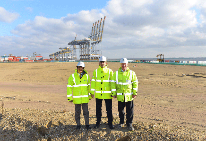 Patrick McLoughlin MP (right) poses with DP World officials at the London Gateway site. Patrick McLoughlin MP (right) poses with DP World officials at the London Gateway site.