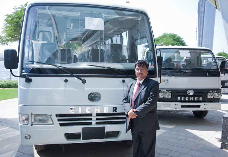 VE Commercial Vehicles' Arun Kumar Birla is photographed in front of an Eicher Skyline 10.75 bus at the launch of Pacific Machinery in Dubai, UAE. VE Commercial Vehicles' Arun Kumar Birla is photographed in front of an Eicher Skyline 10.75 bus at the launch of Pacific Machinery in Dubai, UAE.