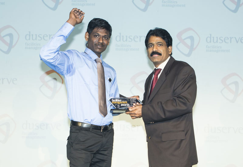 In picture: Nasser Kajoor Al Nuami, CEO, Duserve (right) presents the Unsung Hero of the Year trophy to Jothieswaran from Emrill. In picture: Nasser Kajoor Al Nuami, CEO, Duserve (right) presents the Unsung Hero of the Year trophy to Jothieswaran from Emrill.