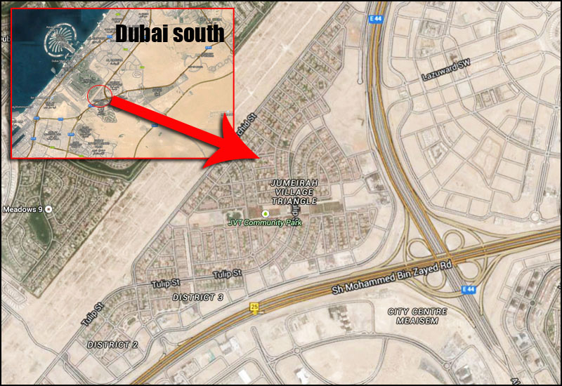 An aerial map showing the location of Jumeirah Village Triangle in relation to Dubai. An aerial map showing the location of Jumeirah Village Triangle in relation to Dubai.