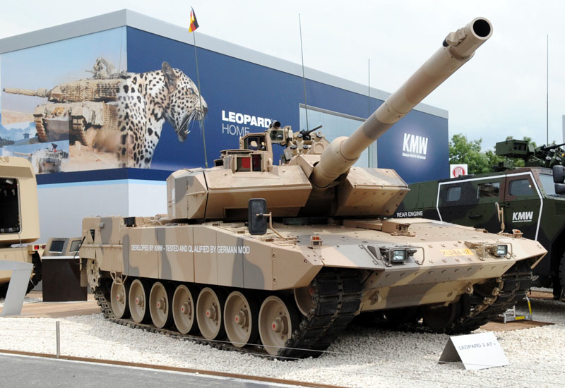 A Leopard 2 A7 presented by Krauss-Maffei Wegmann (KMW) at the Eurosatory defence and security exhibition. A Leopard 2 A7 presented by Krauss-Maffei Wegmann (KMW) at the Eurosatory defence and security exhibition.
