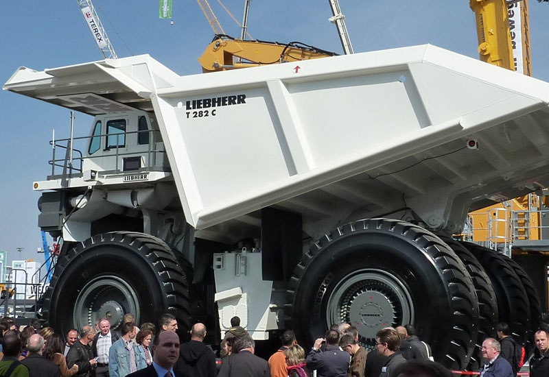 Liebherr mining trucks stand nine metres tall and have a carrying capacity of 360 tonnes. Liebherr mining trucks stand nine metres tall and have a carrying capacity of 360 tonnes.