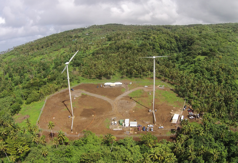 Aerial view of Samoa's first wind farm, delivered by Masdar. Aerial view of Samoa's first wind farm, delivered by Masdar.