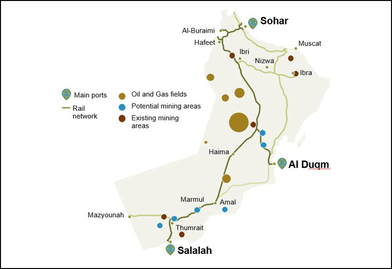 Oman's rail network will span the country, covering 2244 km in total. Oman's rail network will span the country, covering 2244 km in total.
