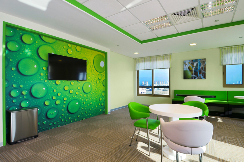 The lime green inspired staff café. The lime green inspired staff café.