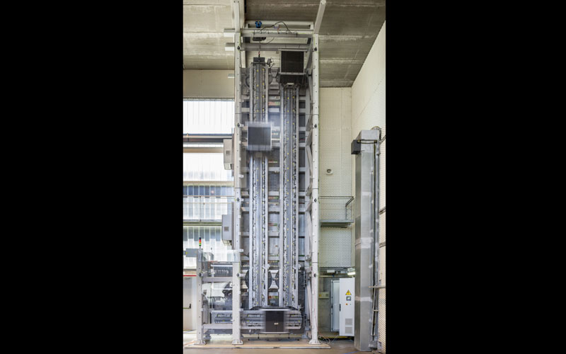 The 1:3 scale model of ThyssenKrupp’s rope-free elevator system, Multi, features four cabins on loop operation. The 1:3 scale model of ThyssenKrupp’s rope-free elevator system, Multi, features four cabins on loop operation.
