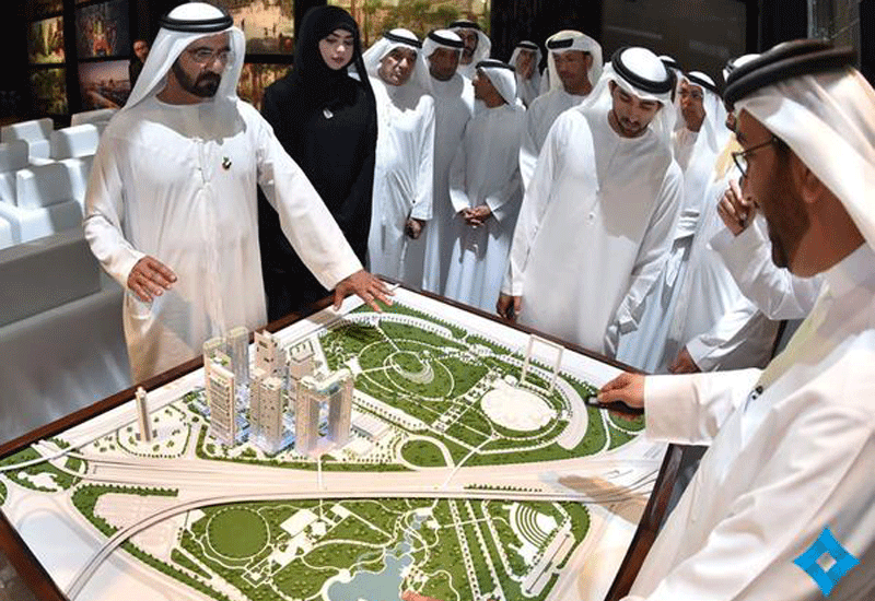 Sheikh Mohammed bin Rashid Al Maktoum views a model of one of the projects. Image: DXBMedia. Sheikh Mohammed bin Rashid Al Maktoum views a model of one of the projects. Image: DXBMedia.