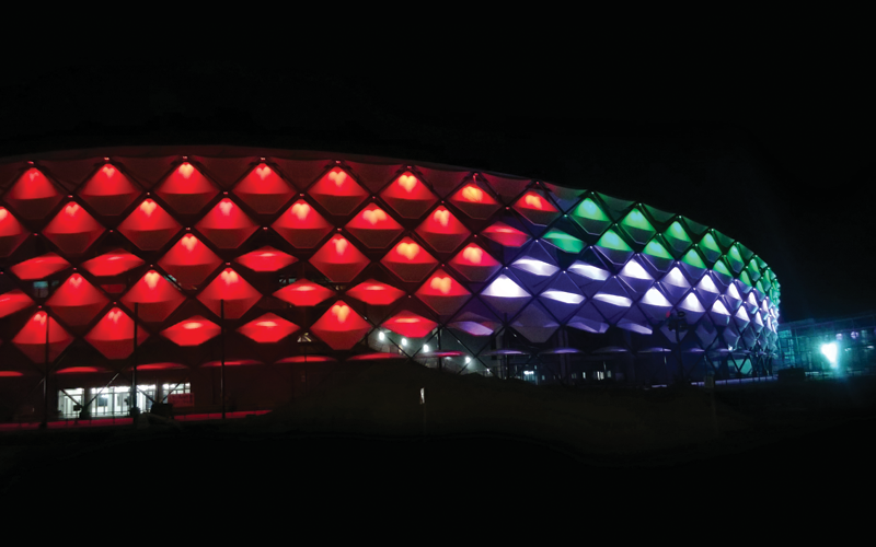 The stadium's facade was illuminated to present the UAE flag for National Day in early December. The stadium's facade was illuminated to present the UAE flag for National Day in early December.