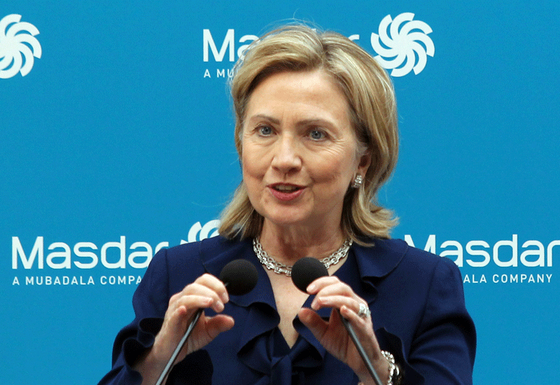 US Secretary of State Hillary Clinton, speaking at Masdar in Abu Dhabi yesterday. Photo by KARIM SAHIB/AFP/Getty Images US Secretary of State Hillary Clinton, speaking at Masdar in Abu Dhabi yesterday. Photo by KARIM SAHIB/AFP/Getty Images