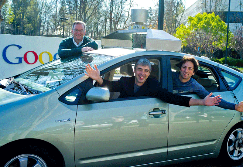 Google founders Eric Schmidt, Sergey Brin and Larry Page in one of its Prius cars. Google founders Eric Schmidt, Sergey Brin and Larry Page in one of its Prius cars.
