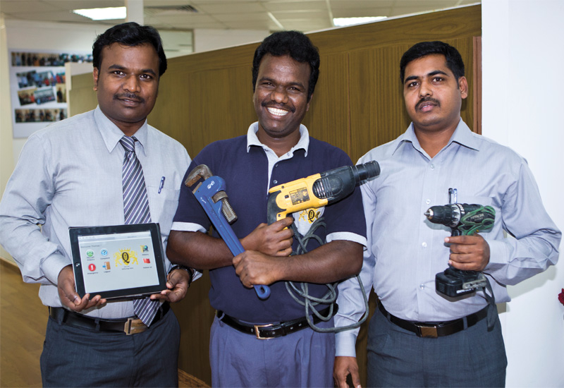 The FM team displays its tools. (L-R) Subramanian, technical services manager; Karrupasamy, technician; and, Javel, supervisor. The FM team displays its tools. (L-R) Subramanian, technical services manager; Karrupasamy, technician; and, Javel, supervisor.
