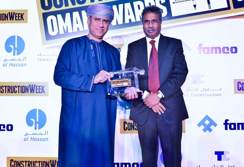 Omran's Abdul Wahid Al Farsi (l) receives the Sustainable Initiative of the Year Award from Vasanth Kumar, Towell Construction. Omran's Abdul Wahid Al Farsi (l) receives the Sustainable Initiative of the Year Award from Vasanth Kumar, Towell Construction.