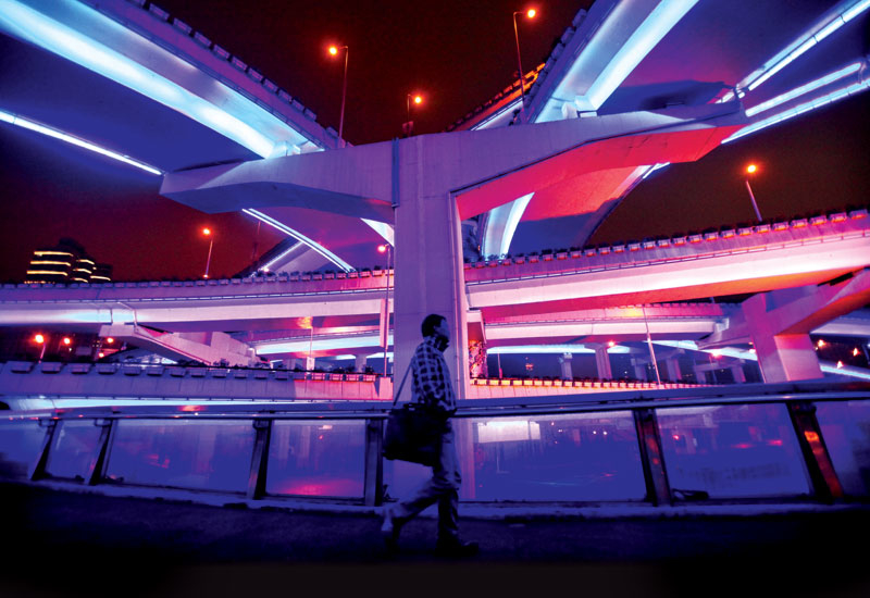 Elevated highways are illuminated by LED lights in Shanghai, China Elevated highways are illuminated by LED lights in Shanghai, China