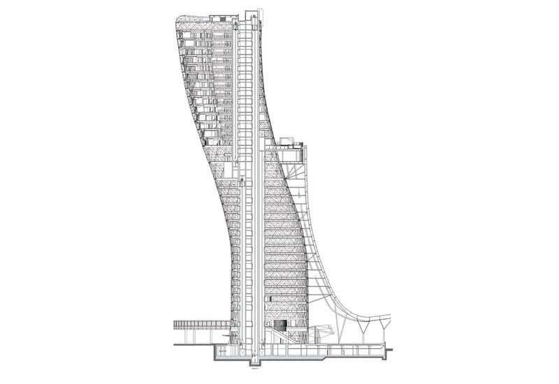 Capital Gate leans 18 degrees, compared to the Leaning Tower of Pisa's four degrees Capital Gate leans 18 degrees, compared to the Leaning Tower of Pisa's four degrees
