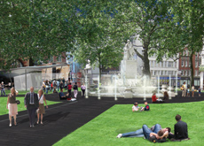 The redesign draws the eye to the famous Shakespeare fountain and statue. The redesign draws the eye to the famous Shakespeare fountain and statue.