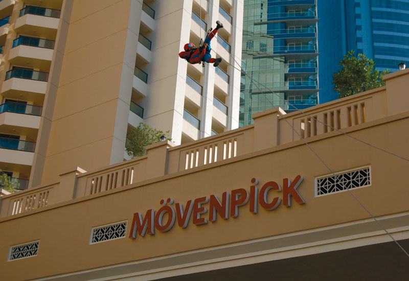 Spiderman in action at the new M?venpick Hotel at The Walk, Jumeirah Beach Residence. Spiderman in action at the new M?venpick Hotel at The Walk, Jumeirah Beach Residence.