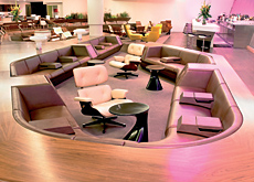 The AC vents were removed from the ceiling and installed underneath the banquette seating. The AC vents were removed from the ceiling and installed underneath the banquette seating.