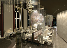 Oversized chandeliers designed by Verner Panton hang over the dining area. Oversized chandeliers designed by Verner Panton hang over the dining area.