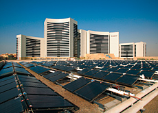 Solar panels sited on the adjacent Grand Cineplex will feed Grand Hyatt's water heating system. Solar panels sited on the adjacent Grand Cineplex will feed Grand Hyatt's water heating system.