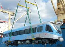 ASHORE FOR THE FIRST TIME: the Japanese-made trains for the Dubai Metro arrive in Dubai. ASHORE FOR THE FIRST TIME: the Japanese-made trains for the Dubai Metro arrive in Dubai.