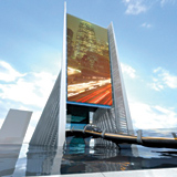 The 22-storey building will be surrounded by a lake and giant screens will transmit messages to drivers. The 22-storey building will be surrounded by a lake and giant screens will transmit messages to drivers.